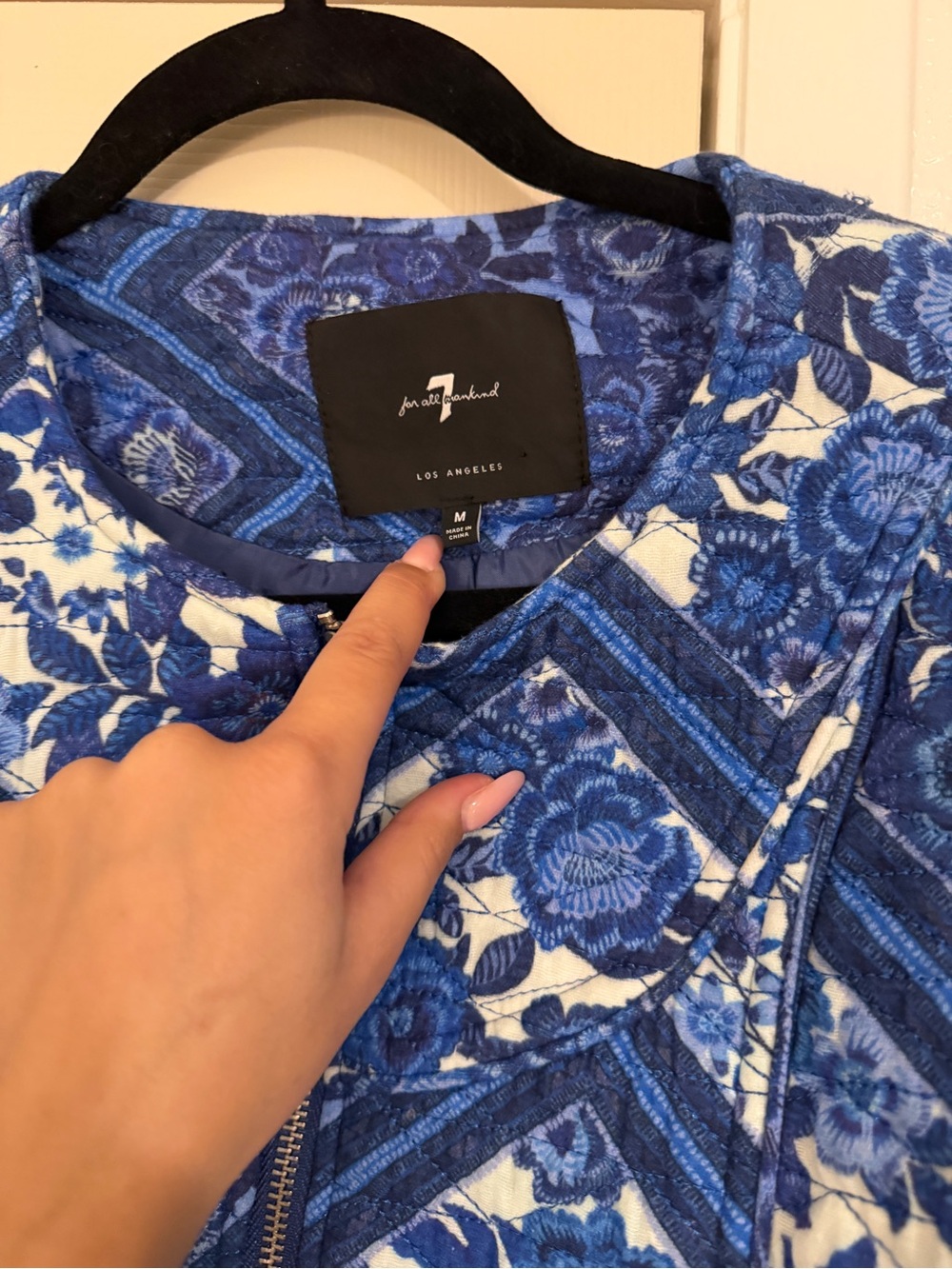 7 For All Mankind Blue Quilted Floral Bomber Jacket - Picture 2 of 3